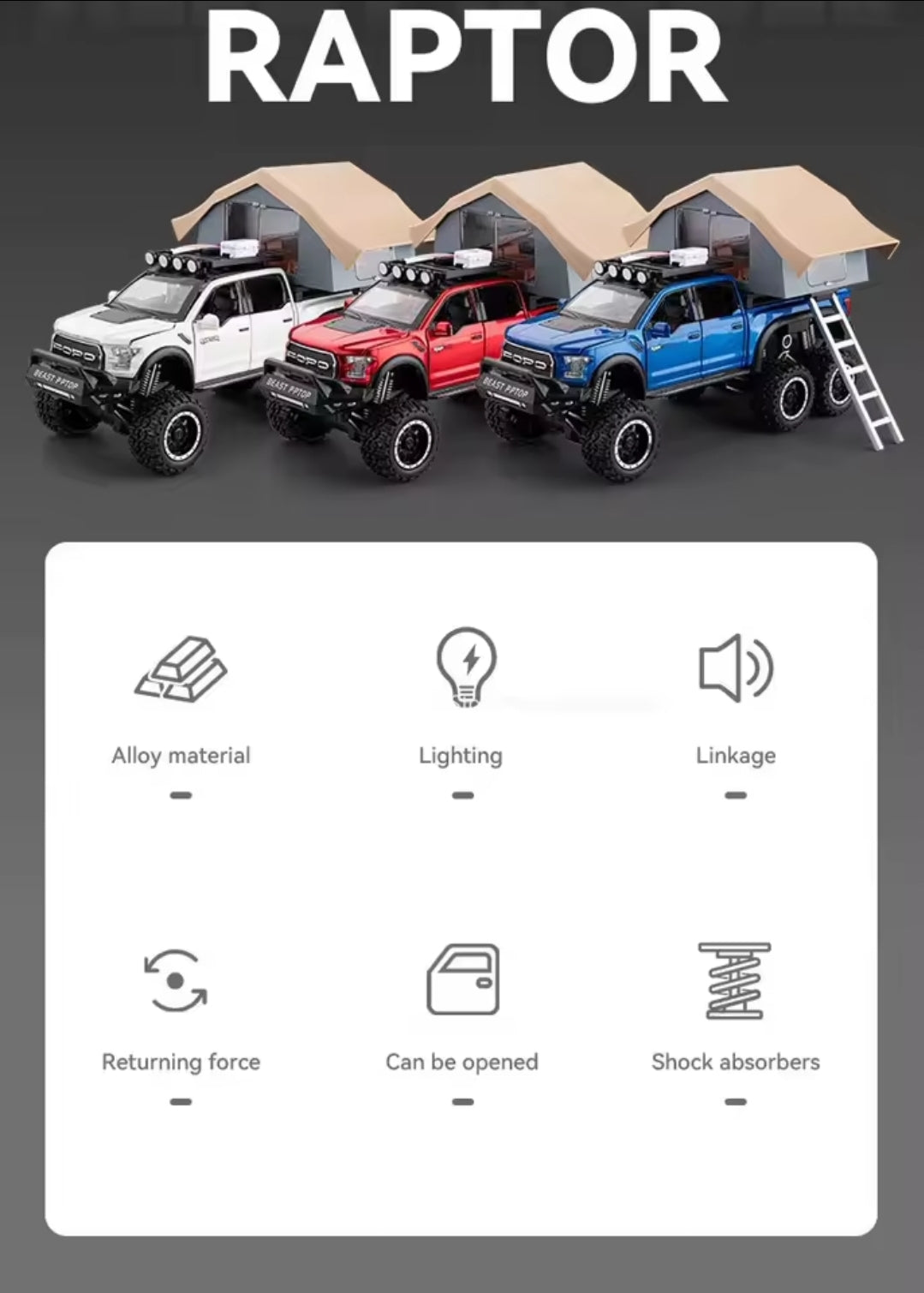 1:24 Ford Raptor F150 Camping RV Alloy Metal