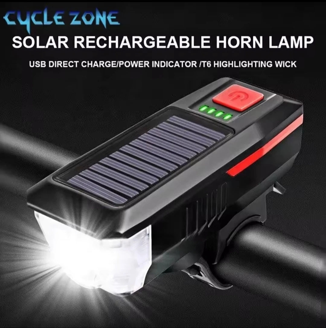 USB / Solar Rechargeable Bike Lights Front Hazard with built in Horn