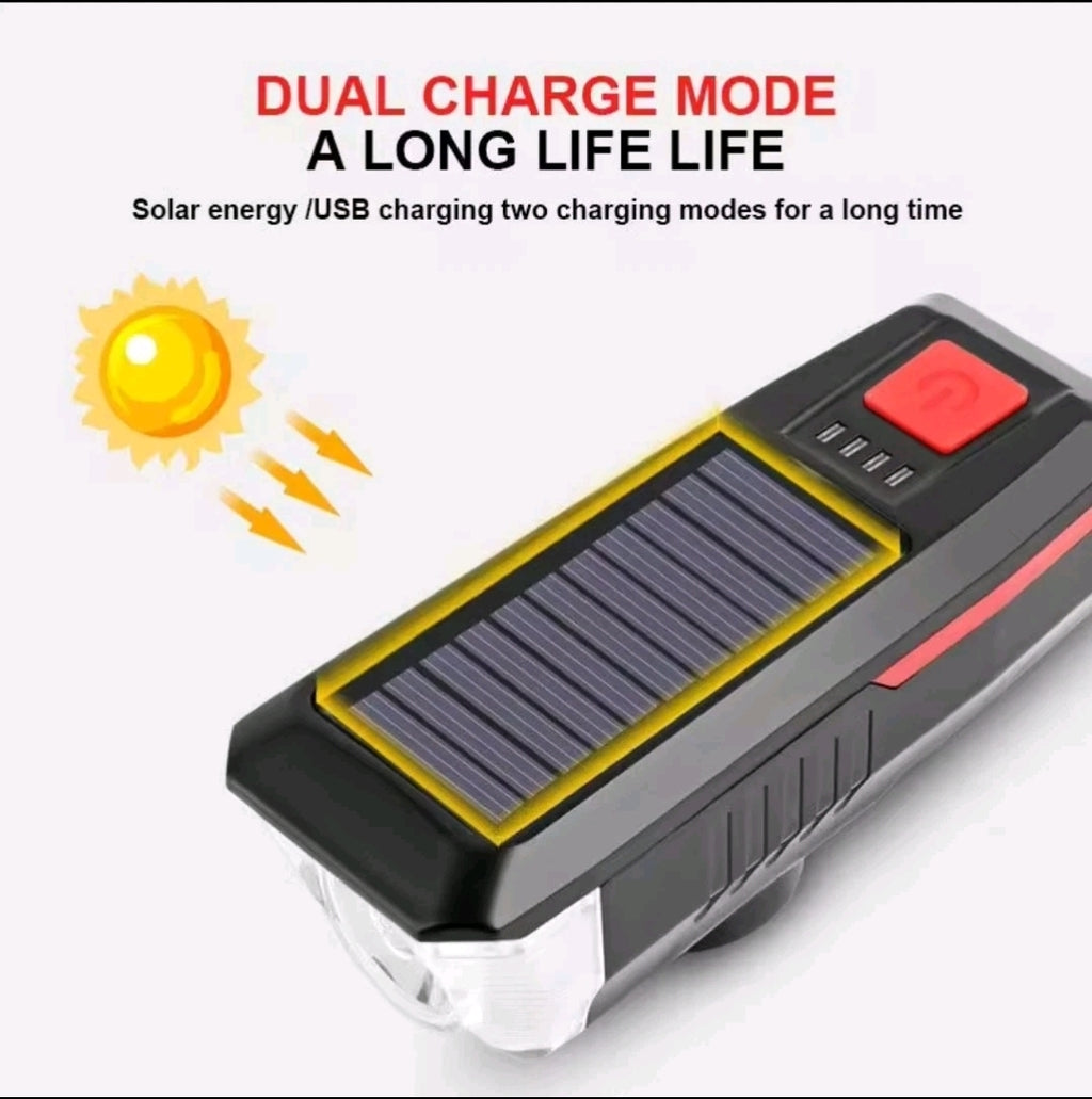 USB / Solar Rechargeable Bike Lights Front Hazard with built in Horn