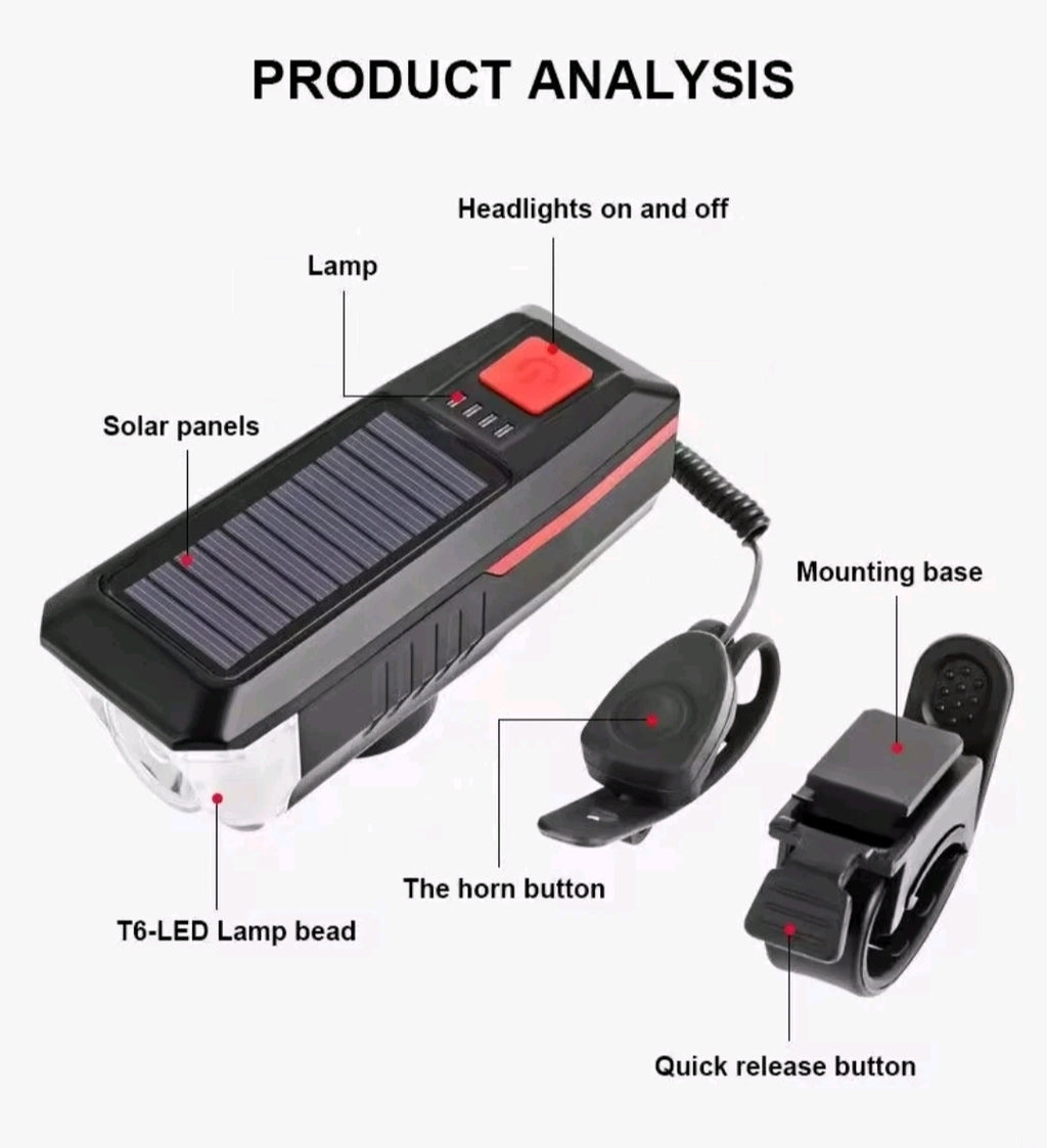 USB / Solar Rechargeable Bike Lights Front Hazard with built in Horn